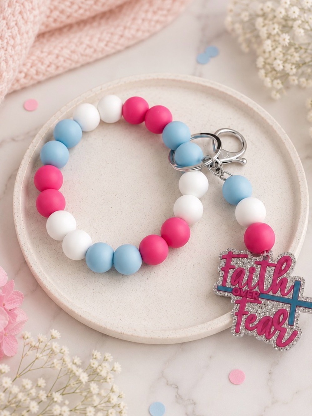 Hand crafted Pink, Blue, and White Beaded focal keychain wristlet keychain